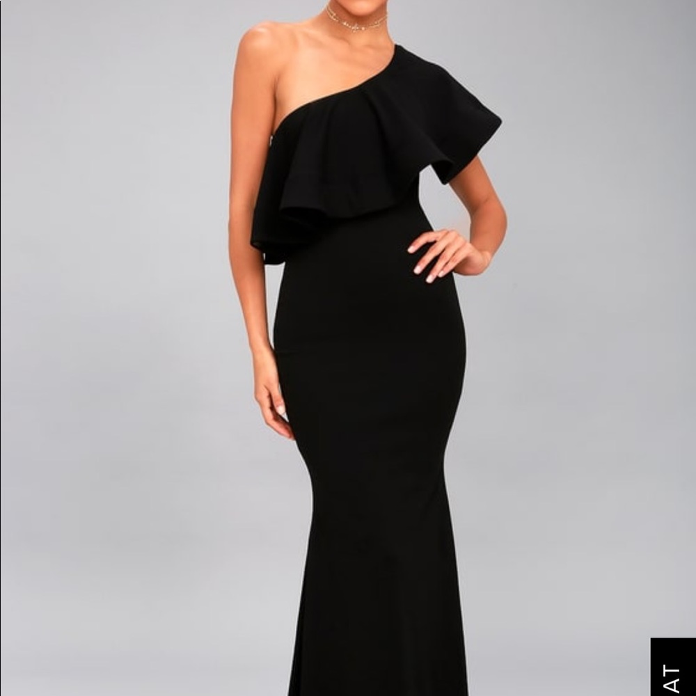 Lulu’s “So Amazed” black one shoulder ruffle dress